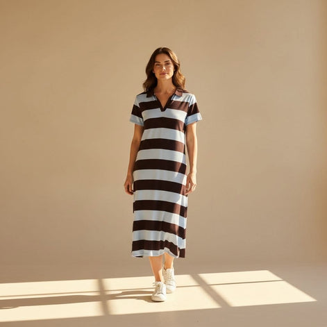 Liberty Rose - Blue and Chocolate Polo Stripe Dress