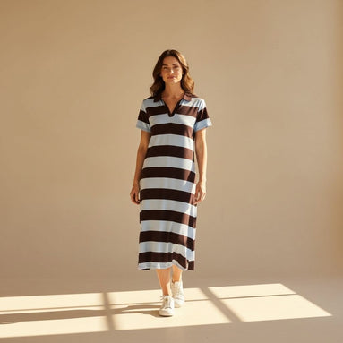 Liberty Rose - Blue and Chocolate Polo Stripe Dress