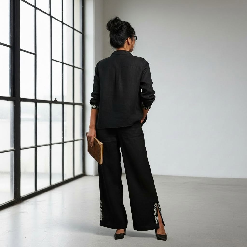 Adorne - Black linen embroidered pants