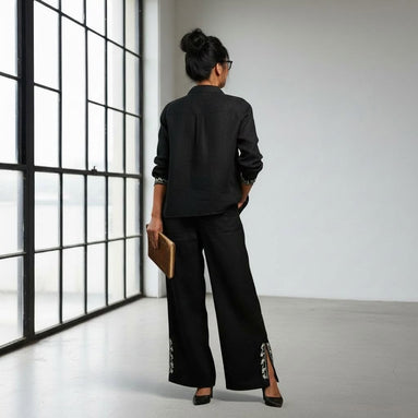 Adorne - Black linen embroidered pants