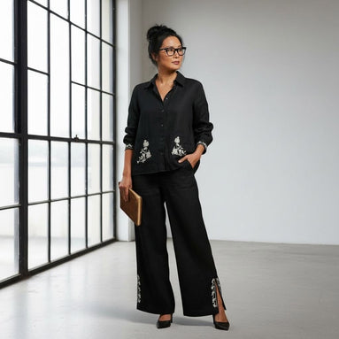 Adorne - Black linen embroidered shirt