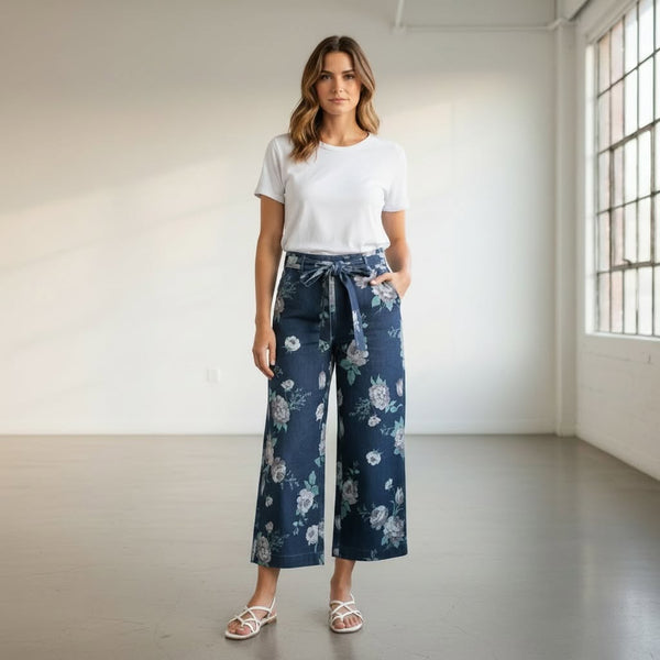 Amyic - Floral Print Denim Pants