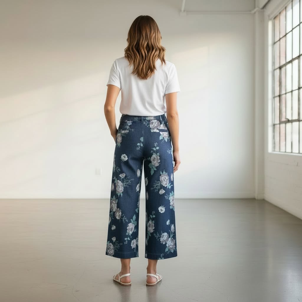 Amyic - Floral Print Denim Pants