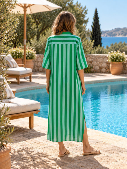 One Summer - Green Blue Striped Shirt Dress
