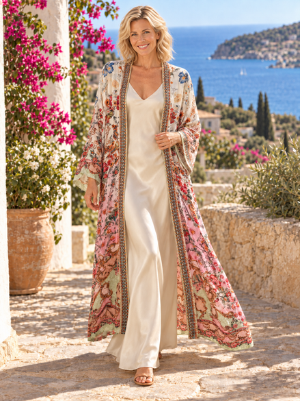 Peacock Feather Luxe - Pink Kimono Long