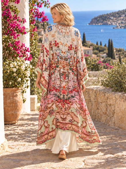 Peacock Feather Luxe - Pink Kimono Long