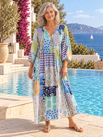 HQ - Boho Patchwork Midi Dress