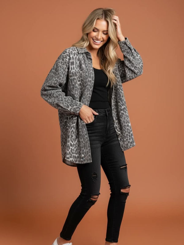 Mutig - Relaxed Fit Denim Shacket Leopard
