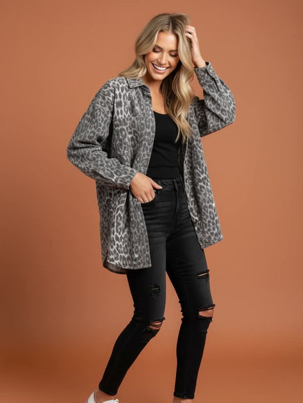 Mutig - Relaxed Fit Denim Shacket Leopard
