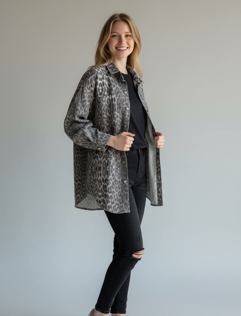 Mutig - Relaxed Fit Denim Shacket Leopard
